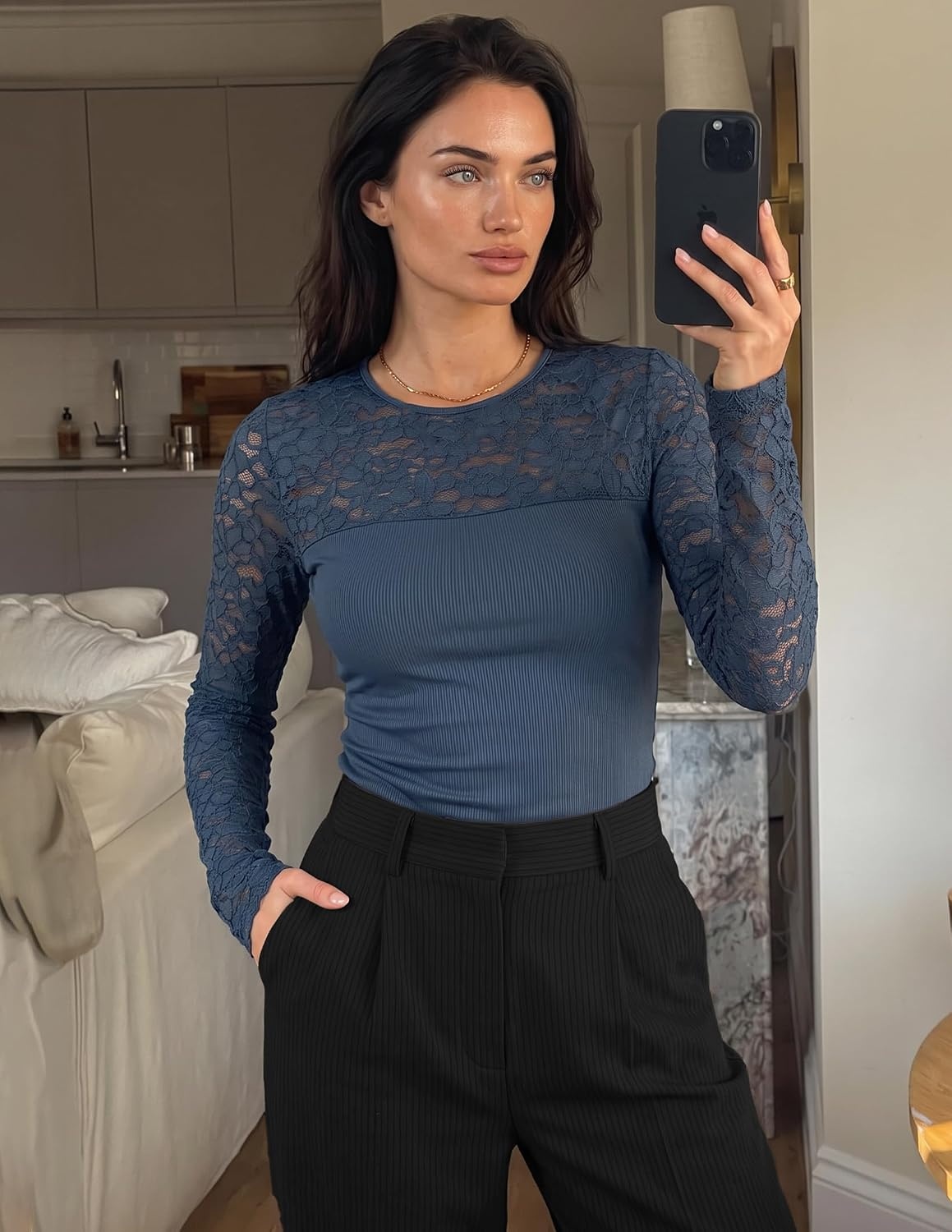 image:imageZESICA Womens Long Sleeve Floral Lace Knit Ruched Tops 2026 Fall ShirtDark Blue