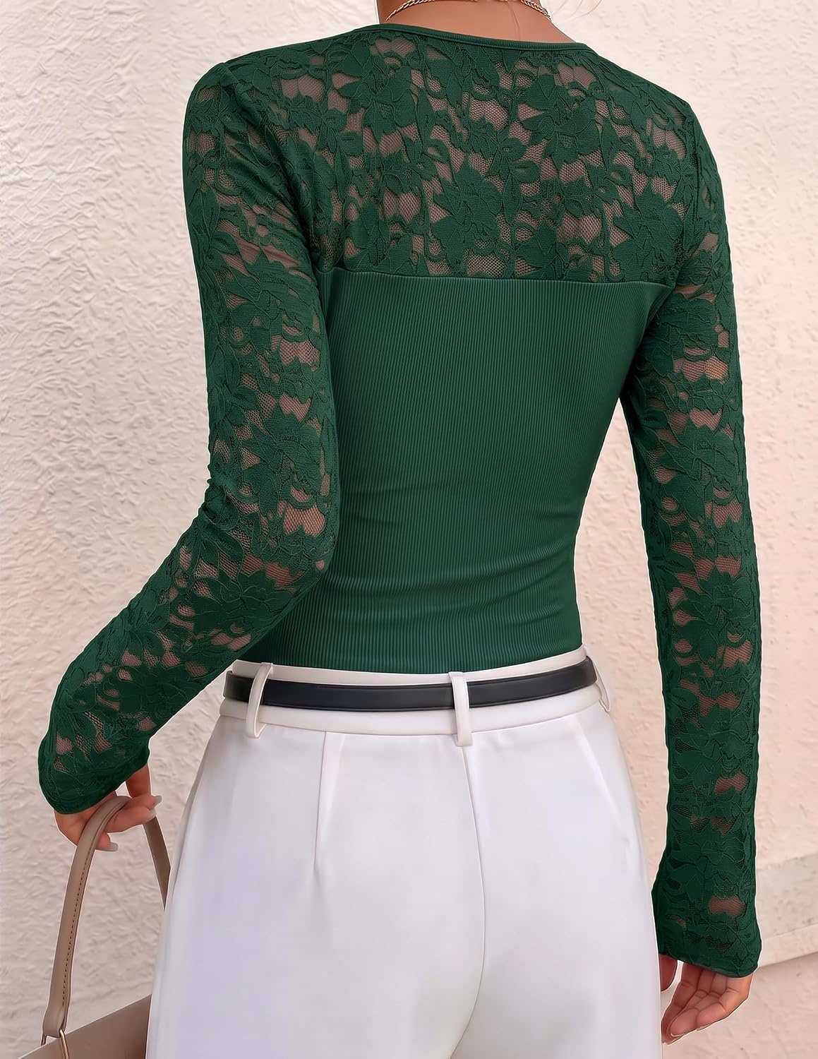 image:imageZESICA Womens Long Sleeve Floral Lace Knit Ruched Tops 2026 Fall ShirtGreen