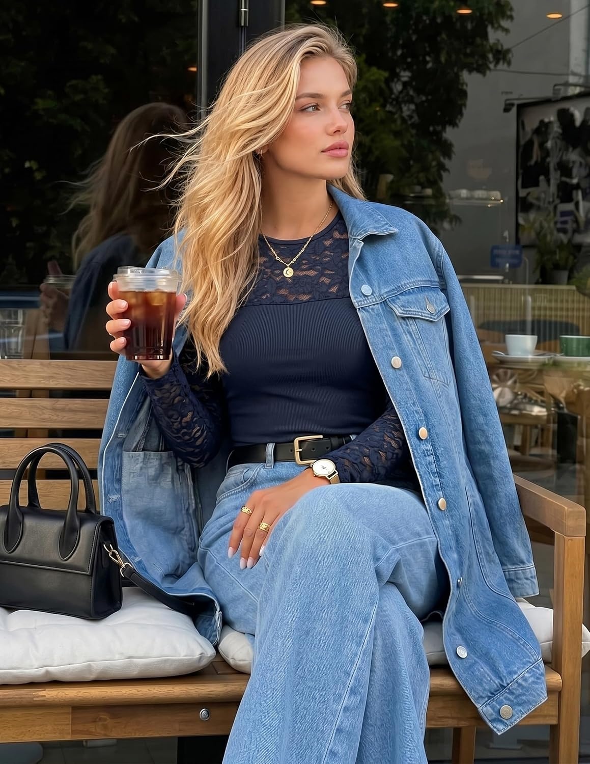 image:imageZESICA Womens Long Sleeve Floral Lace Knit Ruched Tops 2026 Fall ShirtNavy