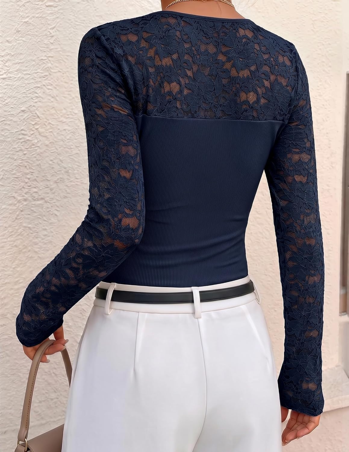 image:imageZESICA Womens Long Sleeve Floral Lace Knit Ruched Tops 2026 Fall ShirtNavy