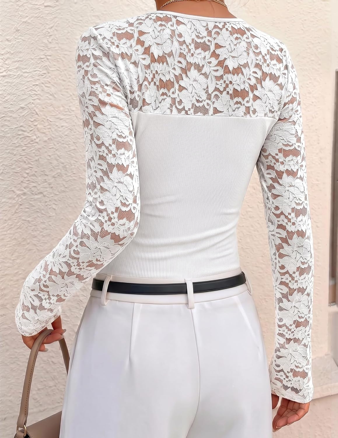 image:imageZESICA Womens Long Sleeve Floral Lace Knit Ruched Tops 2026 Fall ShirtWhite