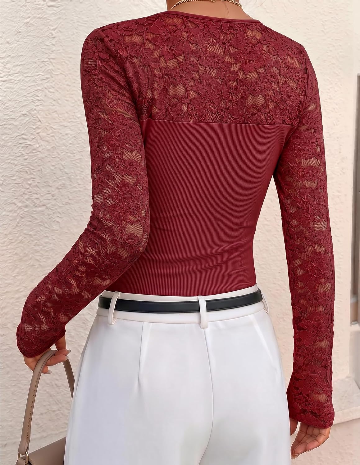 image:imageZESICA Womens Long Sleeve Floral Lace Knit Ruched Tops 2026 Fall ShirtWine