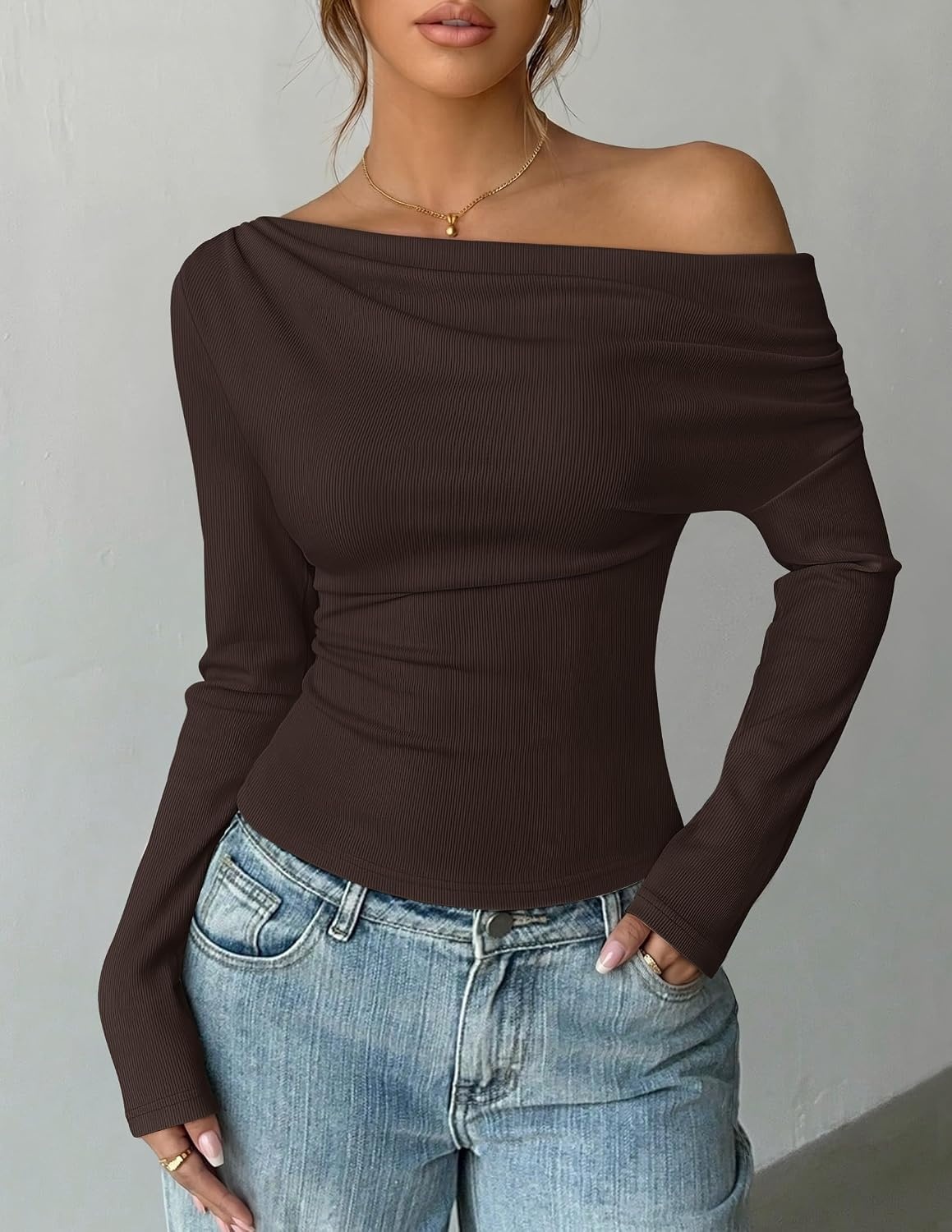 image:imageZESICA Womens Off Shoulder Fall Long Sleeve Y2k Cute Going Out TopsCoffee Brown