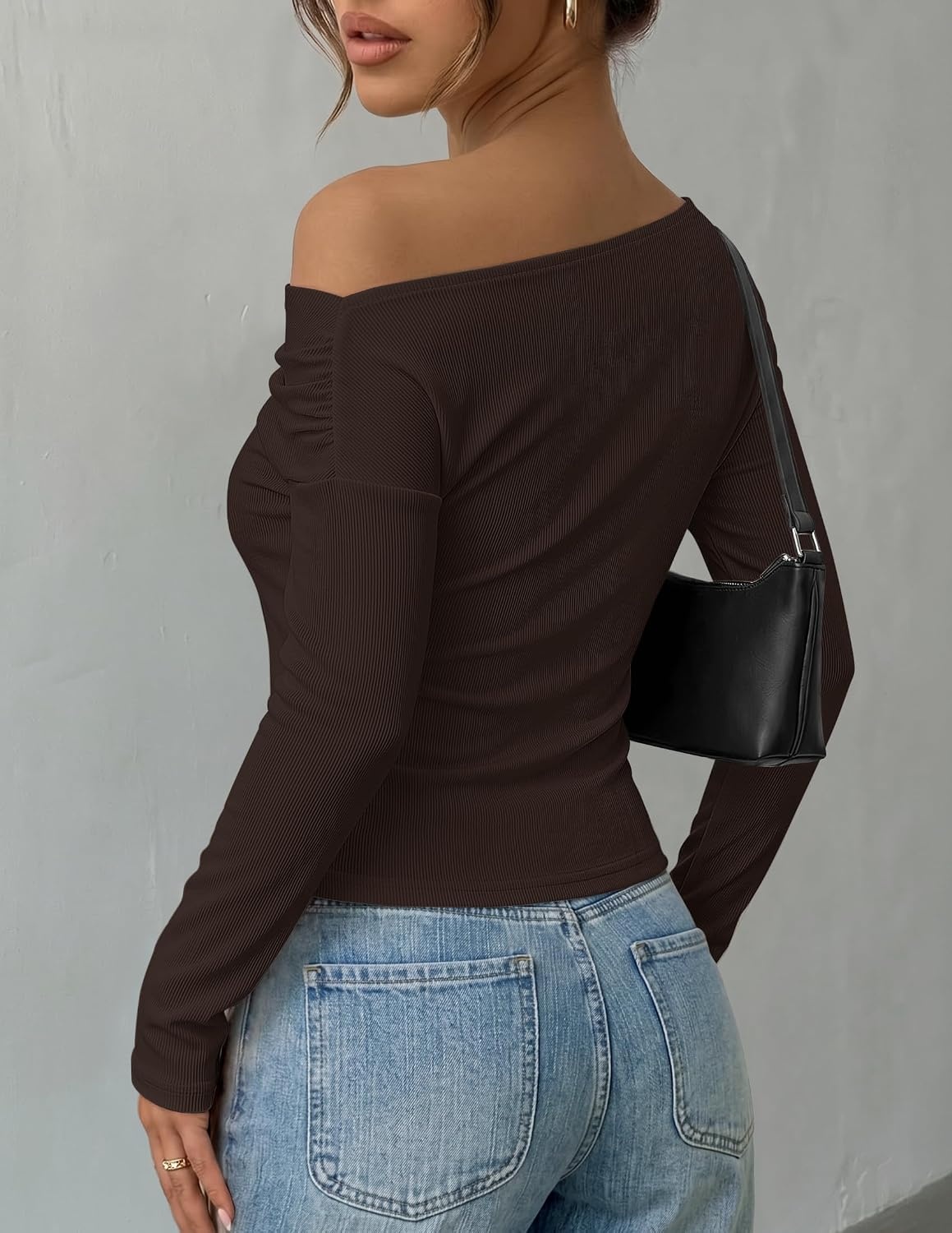 image:imageZESICA Womens Off Shoulder Fall Long Sleeve Y2k Cute Going Out TopsCoffee Brown