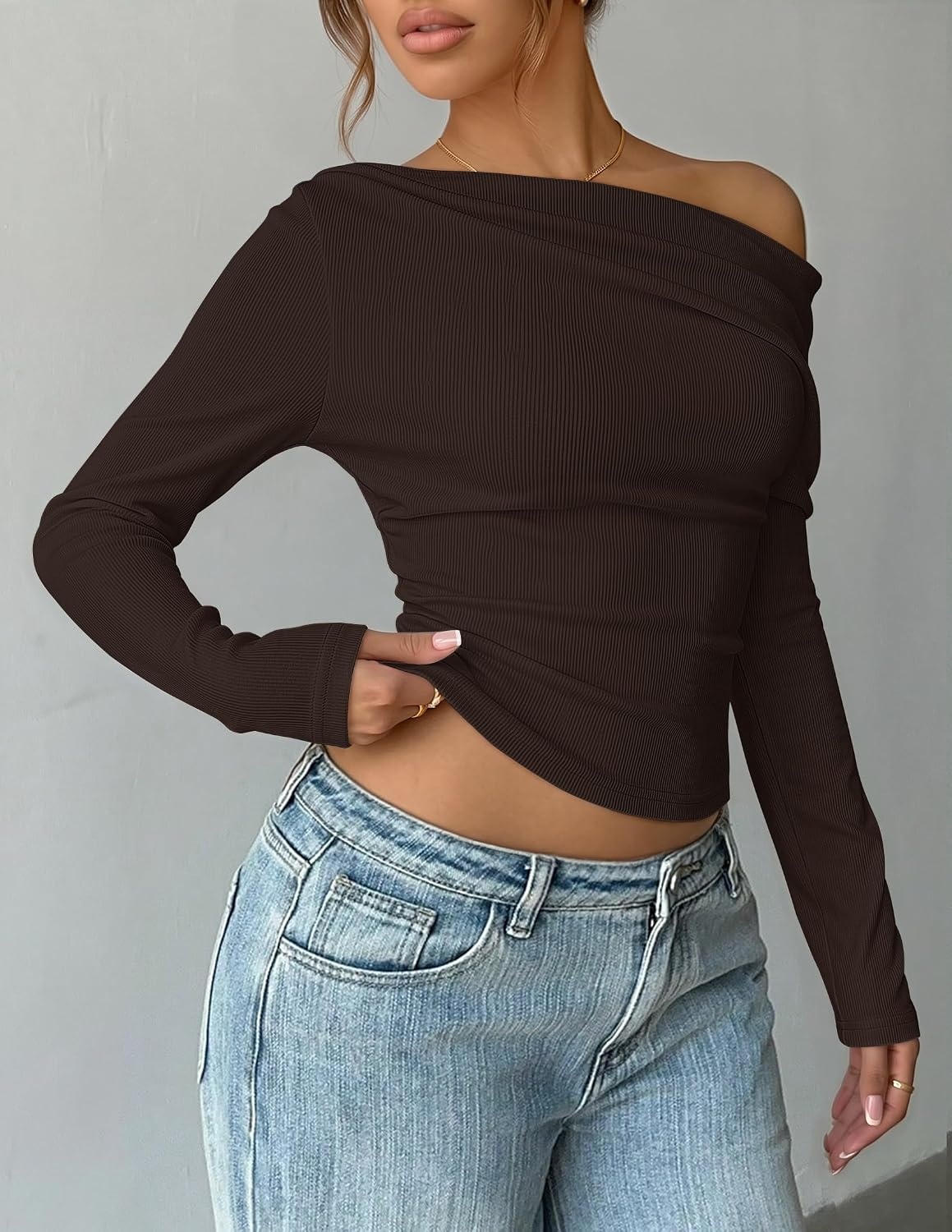 image:imageZESICA Womens Off Shoulder Fall Long Sleeve Y2k Cute Going Out TopsCoffee Brown
