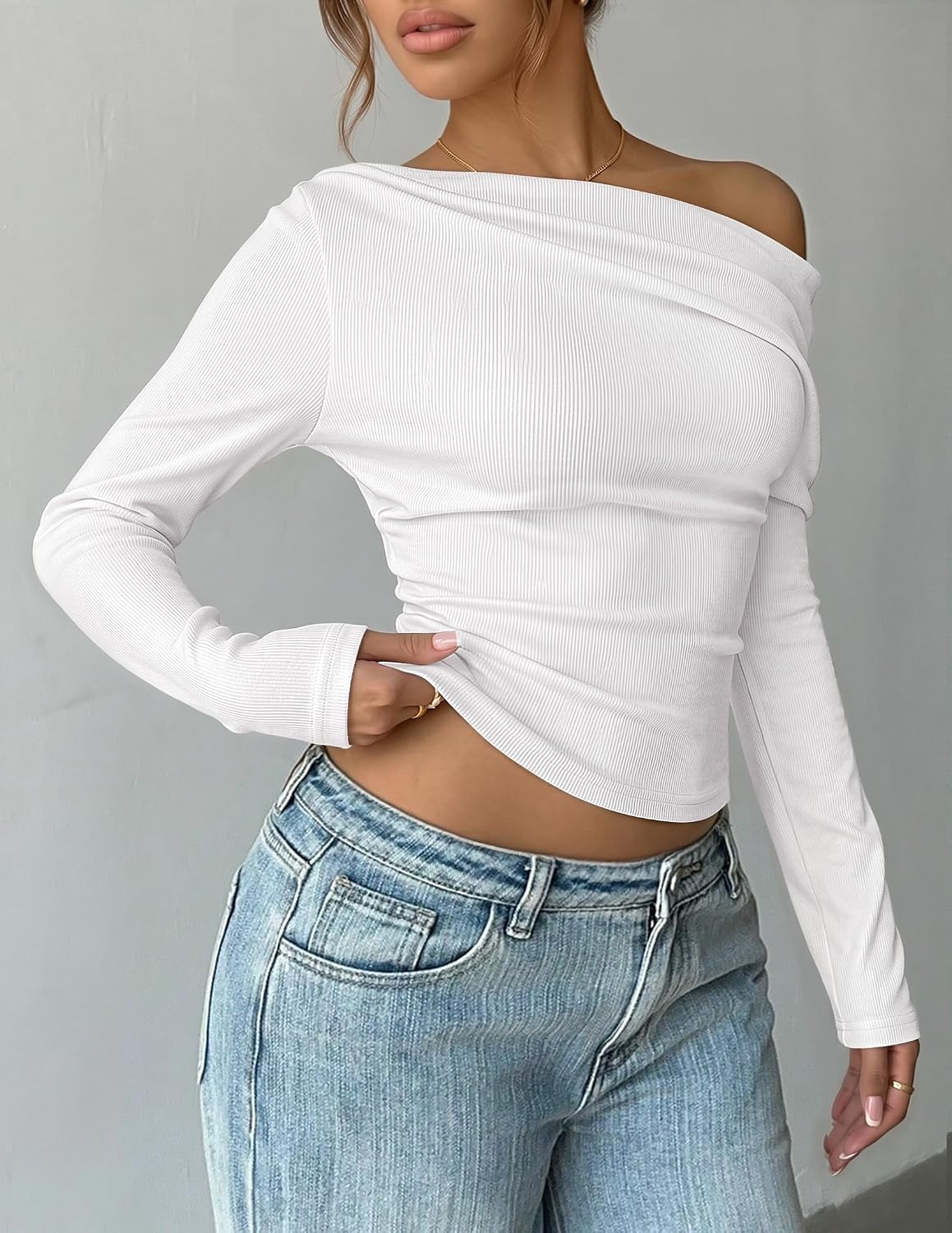 image:imageZESICA Womens Off Shoulder Fall Long Sleeve Y2k Cute Going Out TopsWhite