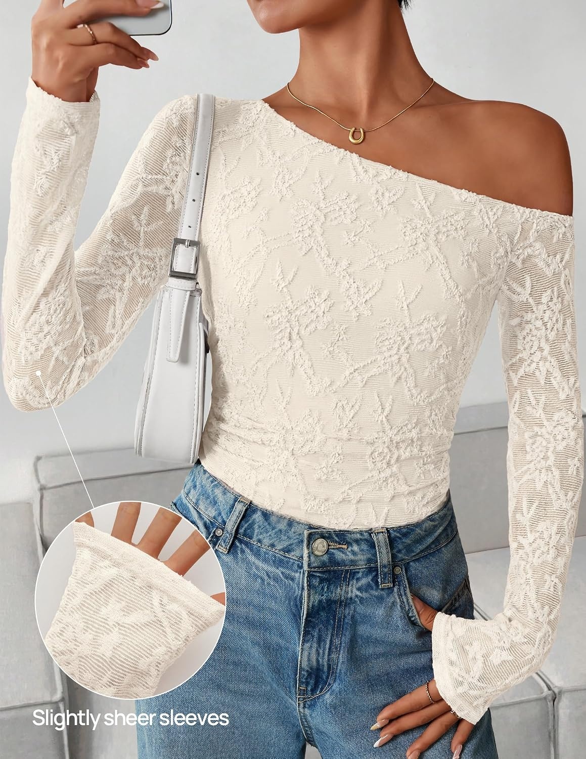 image:imageZESICA Womens Off Shoulder Long Sleeve Lace Going Out TopsApricot