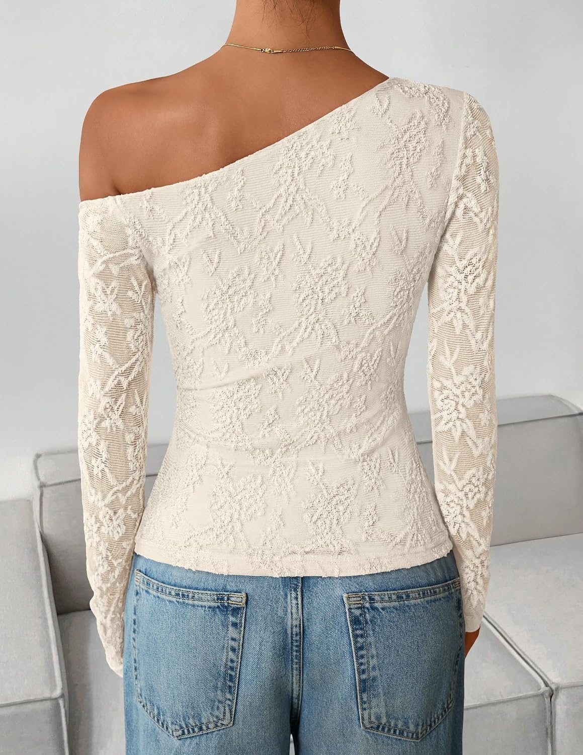 image:imageZESICA Womens Off Shoulder Long Sleeve Lace Going Out TopsApricot
