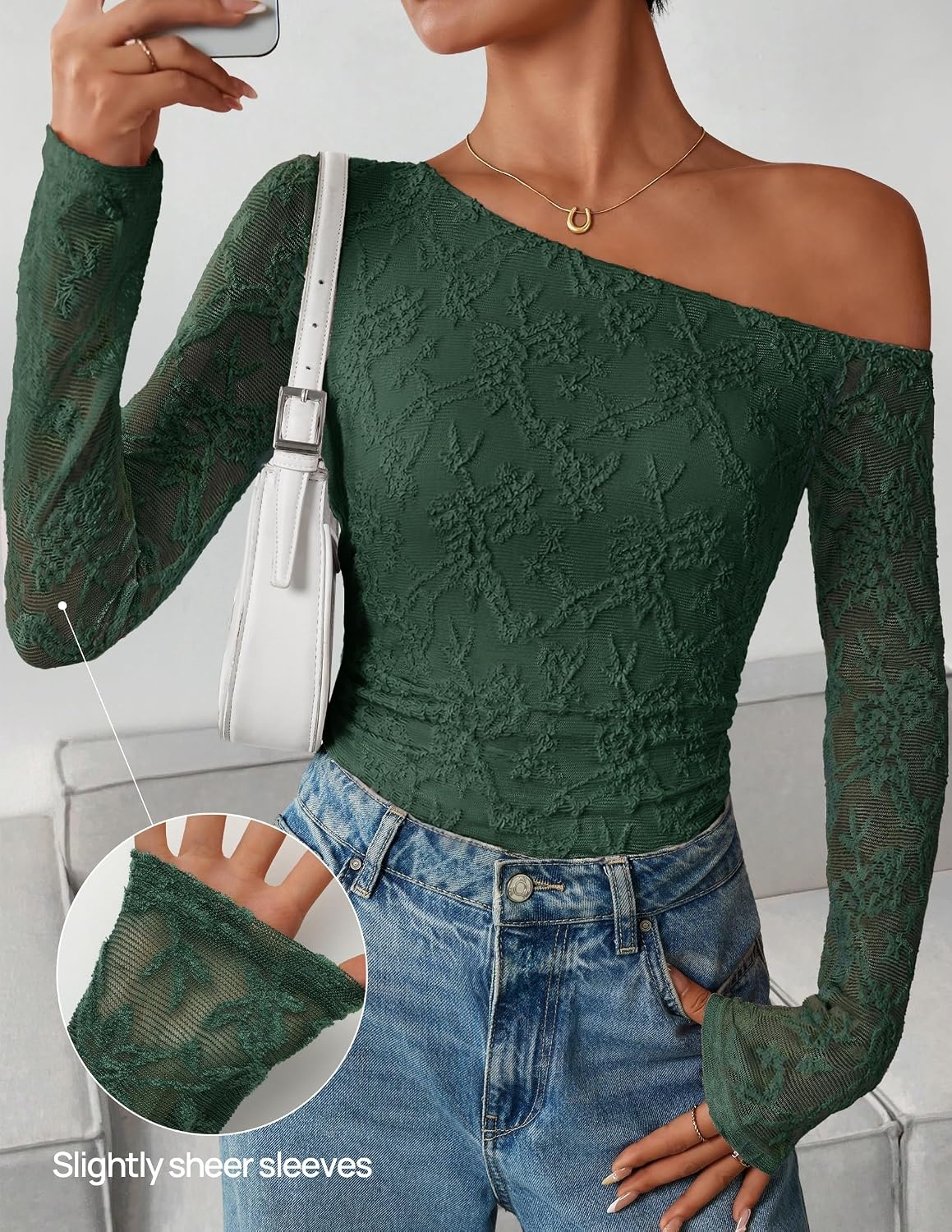 image:imageZESICA Womens Off Shoulder Long Sleeve Lace Going Out TopsDarkgreen