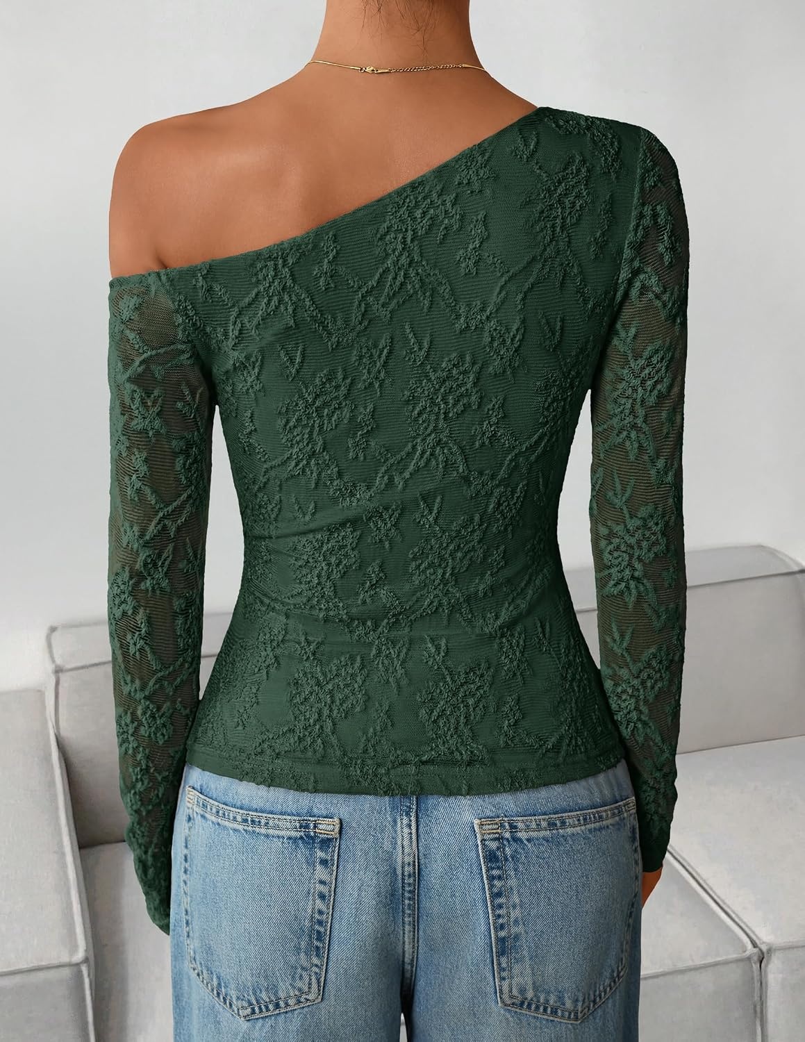image:imageZESICA Womens Off Shoulder Long Sleeve Lace Going Out TopsDarkgreen