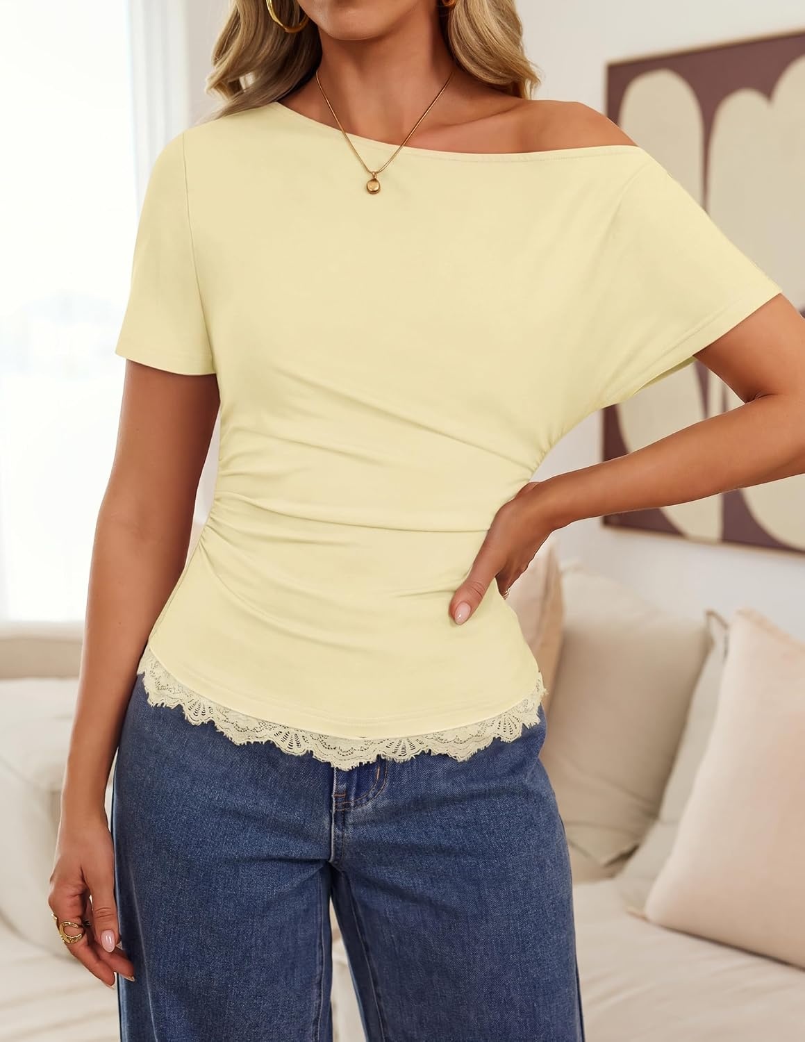 image:imageZESICA Womens Summer One Shoulder Short Sleeve Ruched Going Out TopsLightyellow
