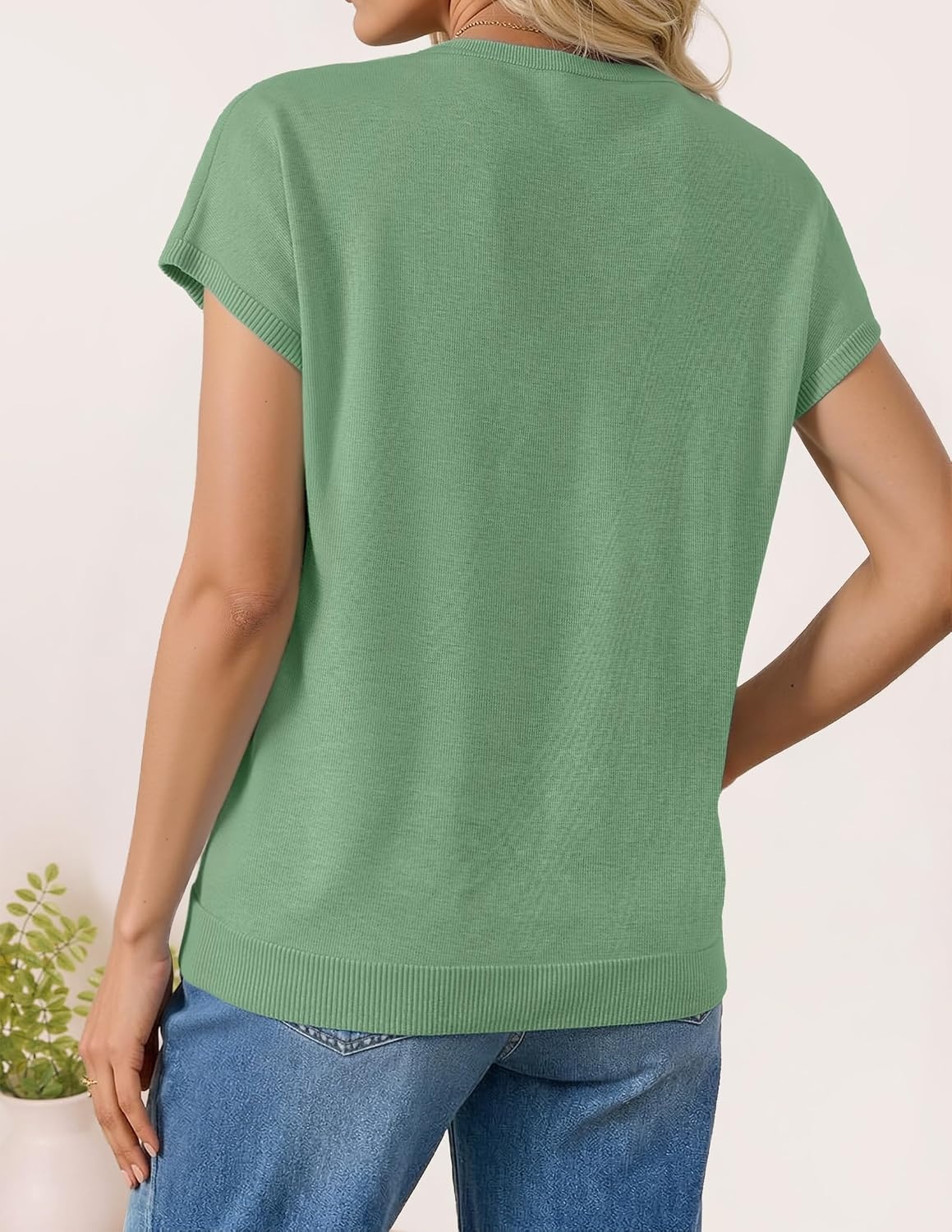 image:imageZESICA Womens Summer Wool Blend Short Sleeve Sweater TopsLight Green
