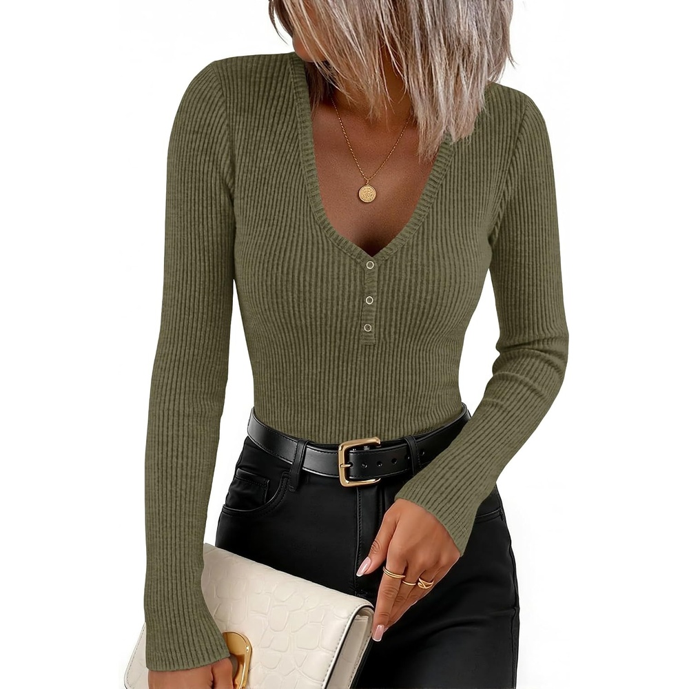 image:imageZESICA Fall Long Sleeve Henley Shirts for Women Dressy Casual 2026Army Green