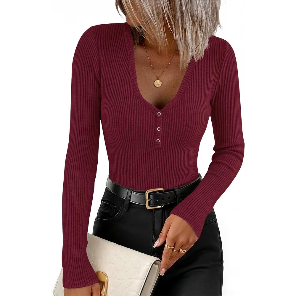 image:imageZESICA Fall Long Sleeve Henley Shirts for Women Dressy Casual 2026Burgundy