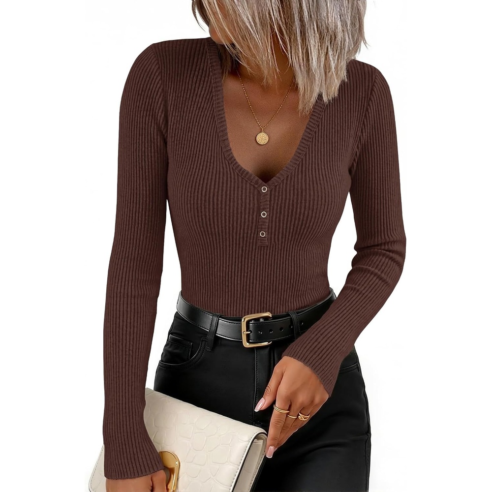 image:imageZESICA Fall Long Sleeve Henley Shirts for Women Dressy Casual 2026Dark Brown