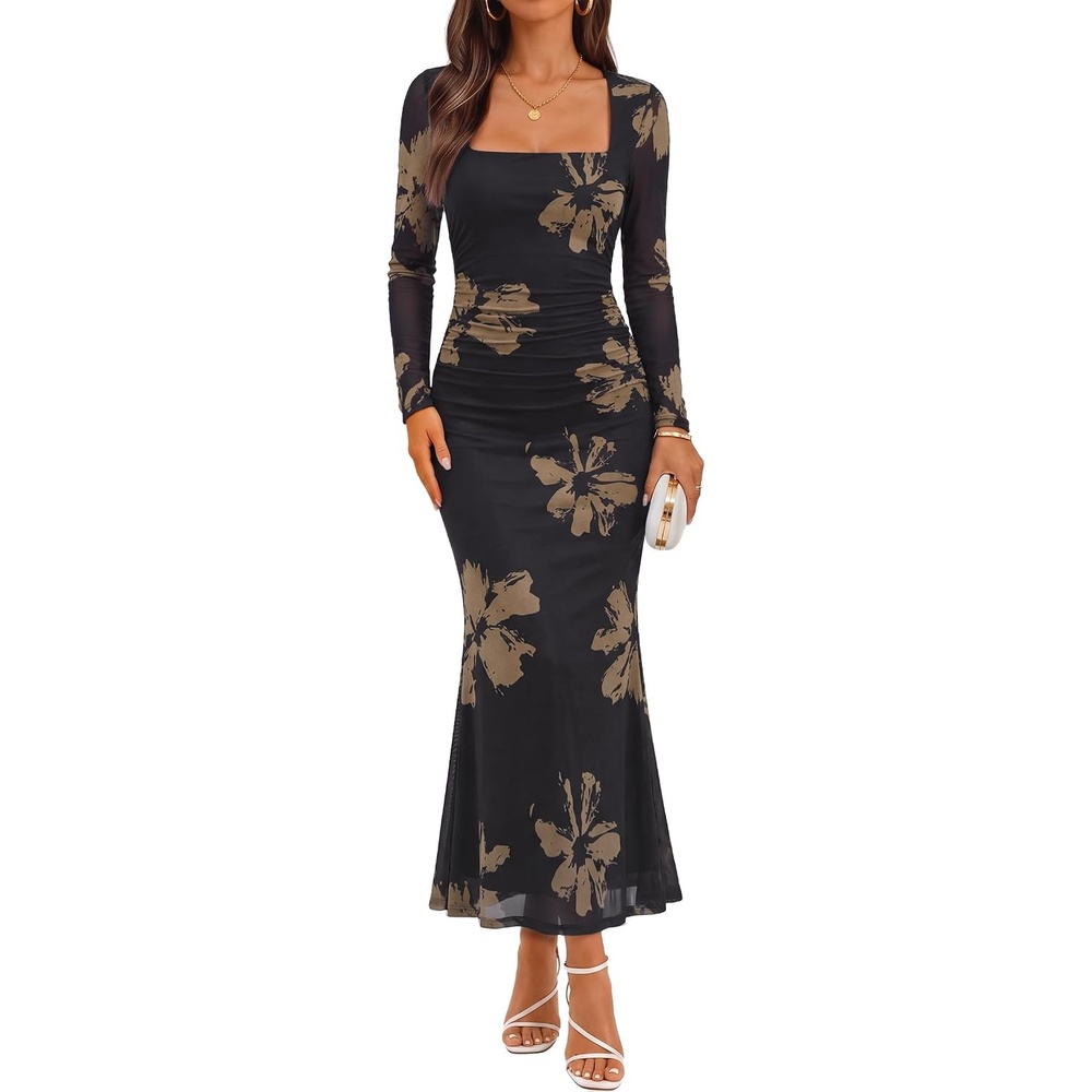 image:imageZESICA Womens Fall Long Sleeve Bodycon Mesh Wedding Guest Formal DressEbony