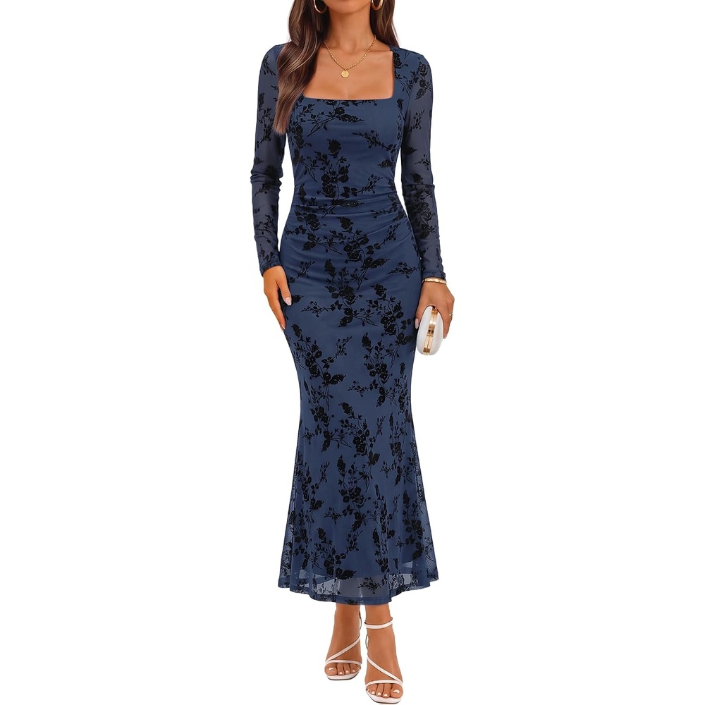 image:imageZESICA Womens Fall Long Sleeve Bodycon Mesh Wedding Guest Formal DressNavy