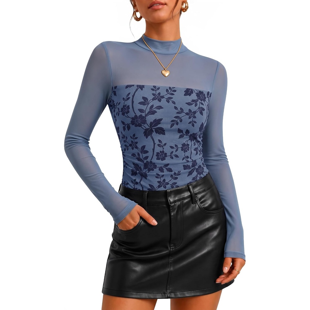 image:imageZESICA Womens Fall Long Sleeve Turtleneck Floral Sheer Mesh Ruched TopsBlue