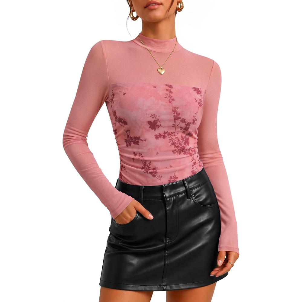 image:imageZESICA Womens Fall Long Sleeve Turtleneck Floral Sheer Mesh Ruched TopsPink