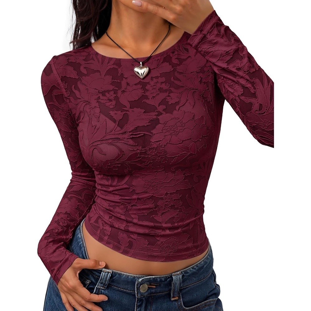 image:imageZESICA Womens Lace Mesh Sheer See Through Long Sleeve TopsBurgundy