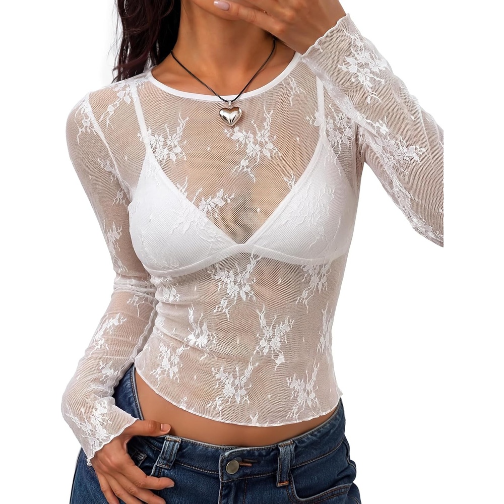 image:imageZESICA Womens Lace Mesh Sheer See Through Long Sleeve TopsIvory