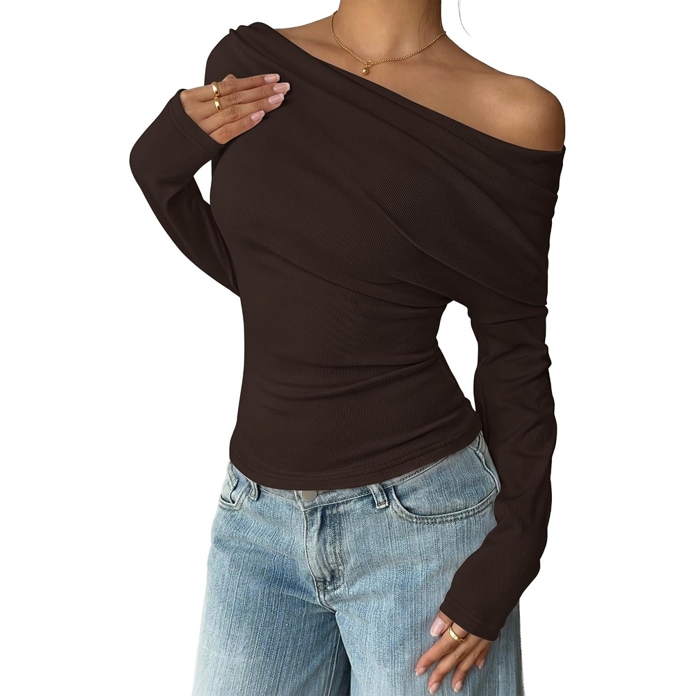 image:imageZESICA Womens Off Shoulder Fall Long Sleeve Y2k Cute Going Out TopsCoffee Brown