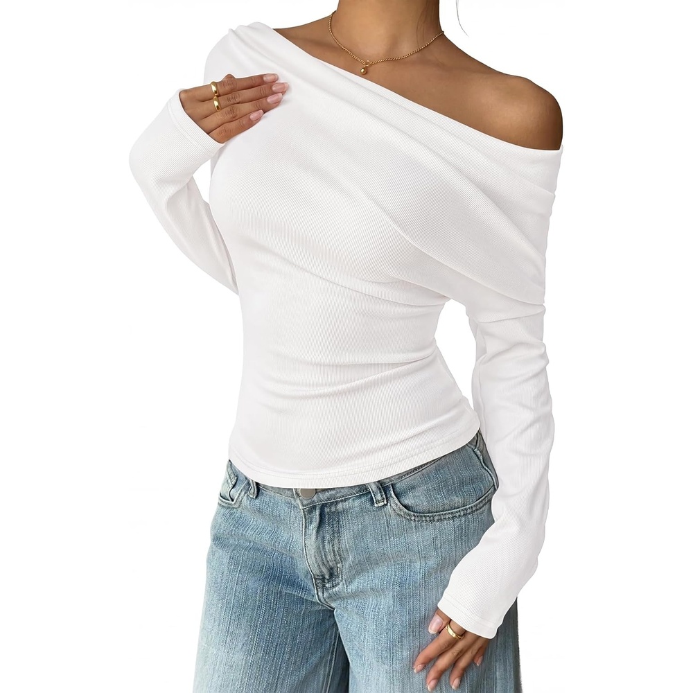 image:imageZESICA Womens Off Shoulder Fall Long Sleeve Y2k Cute Going Out TopsWhite