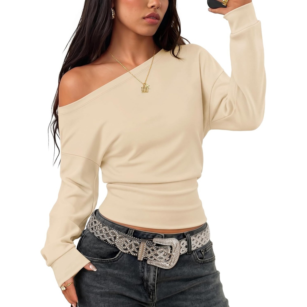 image:imageZESICA Womens Off Shoulder Long Sleeve Cinched Waist Going Out TopsApricot