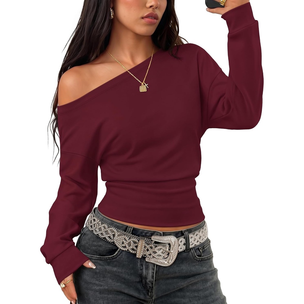 image:imageZESICA Womens Off Shoulder Long Sleeve Cinched Waist Going Out TopsBurgundy