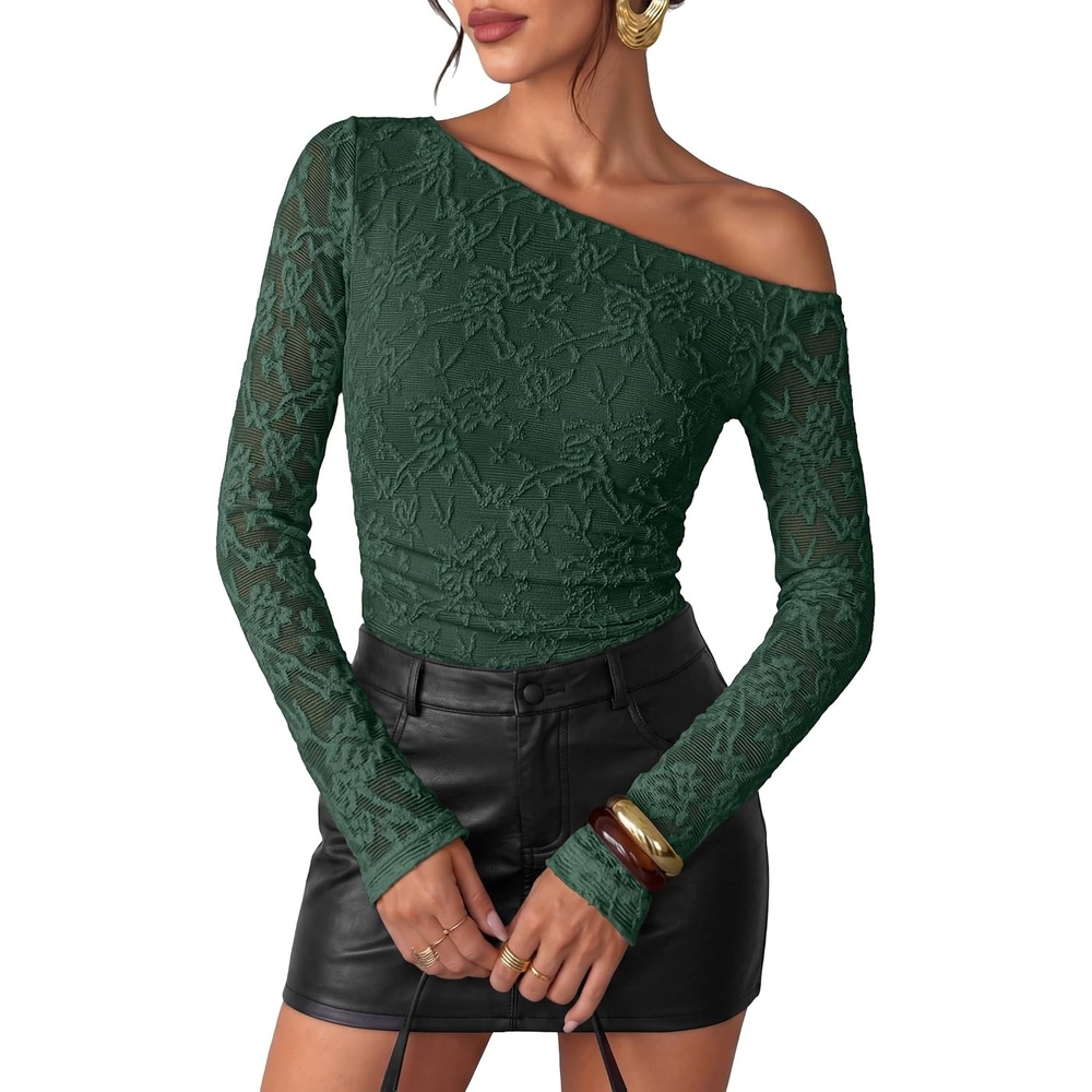 image:imageZESICA Womens Off Shoulder Long Sleeve Lace Going Out TopsDarkgreen