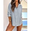 ZESICA Women Long Sleeve Striped Business Casual Button Shirts Work Tops(Dark Blue)