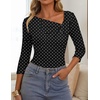 ZESICA Womens 3/4 Sleeve Asymmetrical Fall Shirts Ruched Going Out Tops(Black Polka Dot)