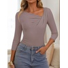 ZESICA Womens 3/4 Sleeve Asymmetrical Fall Shirts Ruched Going Out Tops(Light Khaki)