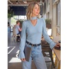 ZESICA Womens Cutout Mock Neck Puff Long Sleeve Shirt Fall Knit Blouse Top(Blue)