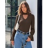 ZESICA Womens Cutout Mock Neck Puff Long Sleeve Shirt Fall Knit Blouse Top(Coffee Brown)