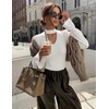 ZESICA Womens Cutout Mock Neck Puff Long Sleeve Shirt Fall Knit Blouse Top(White)