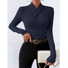 ZESICA Womens Fall Business Casual Mock Neck Cross Tops Trendy Outfits(Navy)