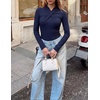 ZESICA Womens Fall Business Casual Mock Neck Cross Tops Trendy Outfits(Navy)