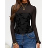 ZESICA Womens Fall Long Sleeve Turtleneck Floral Sheer Mesh Ruched Tops(Black)