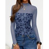 ZESICA Womens Fall Long Sleeve Turtleneck Floral Sheer Mesh Ruched Tops(Blue)