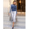 ZESICA Womens Fall Long Sleeve Turtleneck Floral Sheer Mesh Ruched Tops(Blue)
