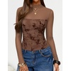 ZESICA Womens Fall Long Sleeve Turtleneck Floral Sheer Mesh Ruched Tops(Brown)