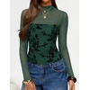ZESICA Womens Fall Long Sleeve Turtleneck Floral Sheer Mesh Ruched Tops(Green)