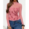 ZESICA Womens Fall Long Sleeve Turtleneck Floral Sheer Mesh Ruched Tops(Pink)