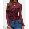 ZESICA Womens Fall Long Sleeve Turtleneck Floral Sheer Mesh Ruched Tops(Wine)