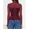 ZESICA Womens Fall Long Sleeve Turtleneck Floral Sheer Mesh Ruched Tops(Wine)