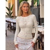 ZESICA Womens Lace Mesh Sheer See Through Long Sleeve Tops(Apricot)