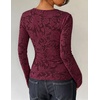 ZESICA Womens Lace Mesh Sheer See Through Long Sleeve Tops(Burgundy)