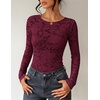 ZESICA Womens Lace Mesh Sheer See Through Long Sleeve Tops(Burgundy)