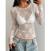 ZESICA Womens Lace Mesh Sheer See Through Long Sleeve Tops(Ivory)